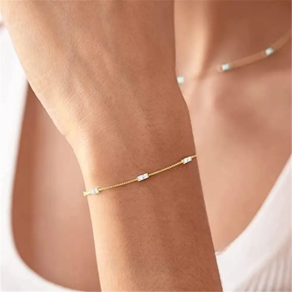 Bracelets For Women Girl 925 Sterling Silver Mini Rectangular Colored Zircon Exquisite Chain Jewelry