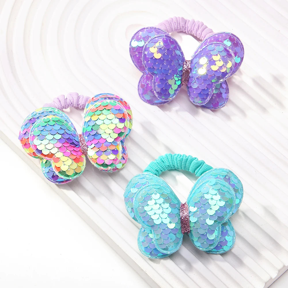 Hair Bands Children Girls Princess P2Pcs New Cute Sequin Butterfly Flowers Ponytail Elastic Hair Ties