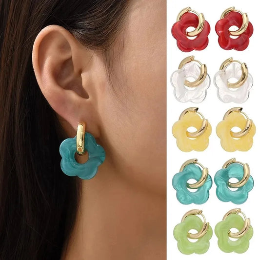 Earrings for Women Girls Multicolor Transparent Acrylic Resin Marbling Flower Drop Gold Color Metal Round Hoop Earrings Fashion Jewelry