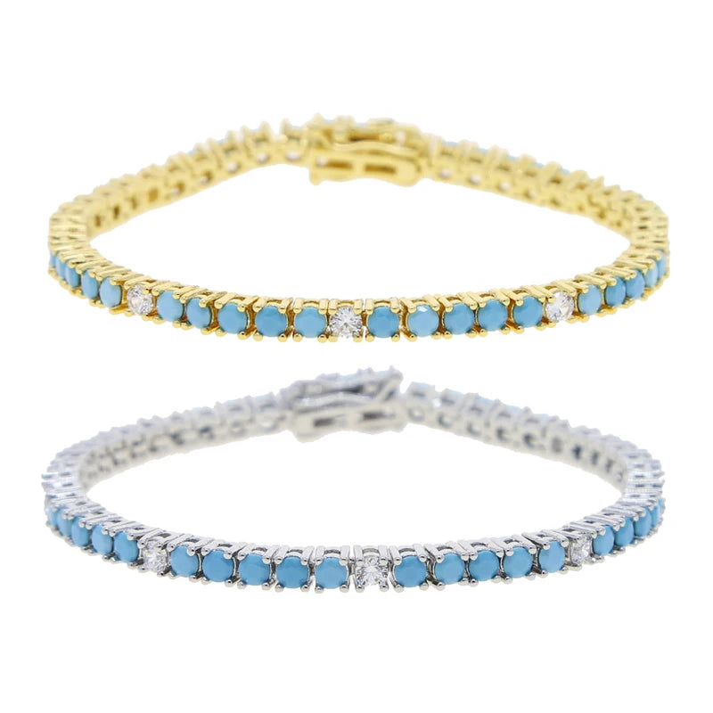 Bracelet Women 2023 New Clear CZ Paved Beaded Gold Plated 3mm Turquoises Tennis Chain Bracelet Handmade Jewelry