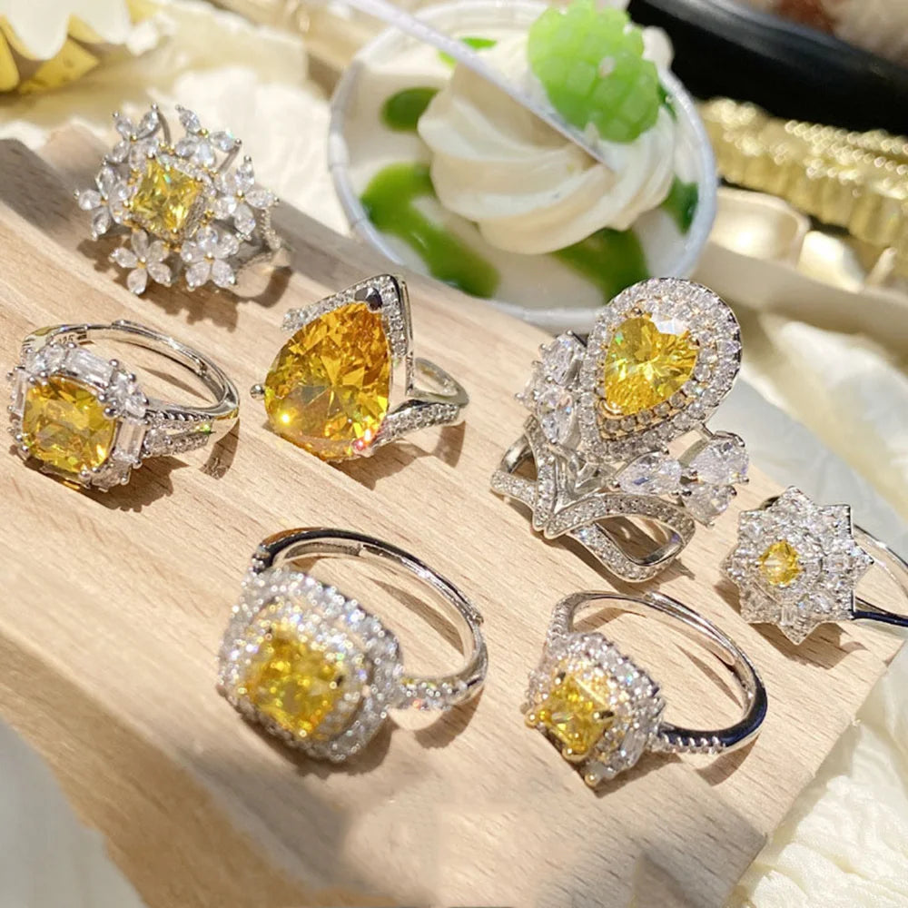 Ring Women Adjustable Fashion Trend New Big Shiny Yellow Zircon Engagement Party Jewelry Gift