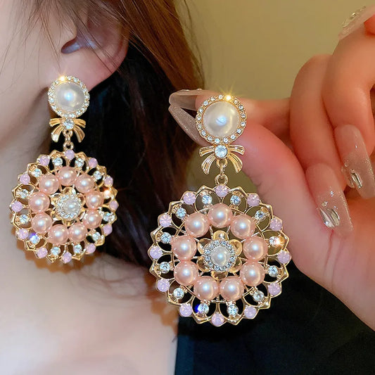 Earrings for Women Luxurious Temperament Rhinestone Pearl Flower Drop High-end Party Jewelry