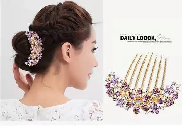 Hair Combs For Women Exquisite Seven-tooth Comb Rhinestone Hollow Out Flower Colorful Hair Ornament