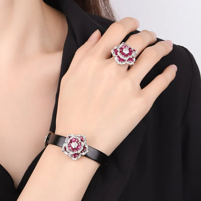 Bracelet Ring Sets for Women New Fashion S925 Silver Camellia Rose Flower Party Wedding Gift Jewelry