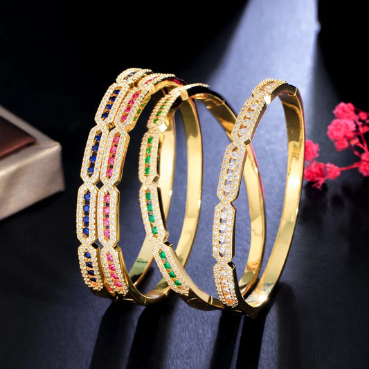 Bangles for Women Beautiful Trendy Blue Green Cubic Zirconia Paved Gold Color Round Wedding Bridal Jewelry