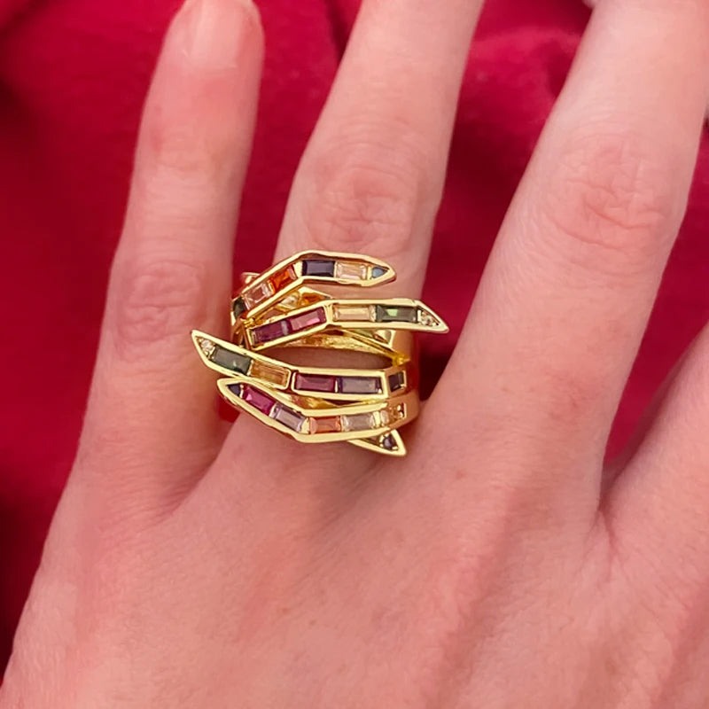 Rings For Women Colorful Rectangular Zircon Gold Color Stainless Steel Luxury Designer Jewelry