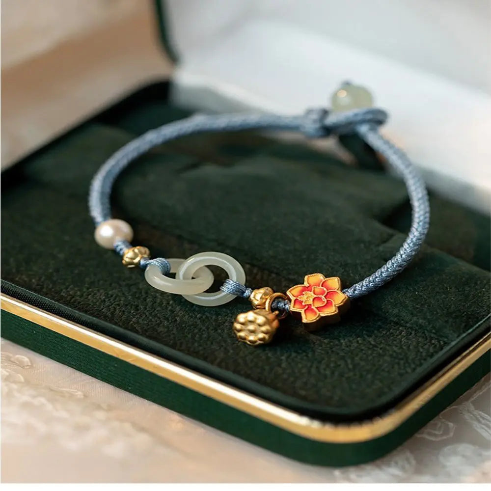 Bracelet Girls 1Pc Fashion Double Sided PingAn Buckle Niche Versatile Designs Interlocking Braided Bracelet Lotus Pearl Bracelet