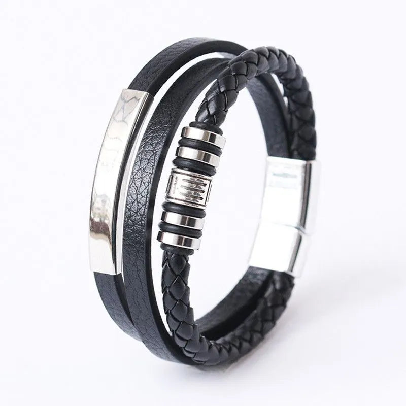 Bracelets For Men Trendy Leather Stainless Steel 21CM Multilayer Braided Rope