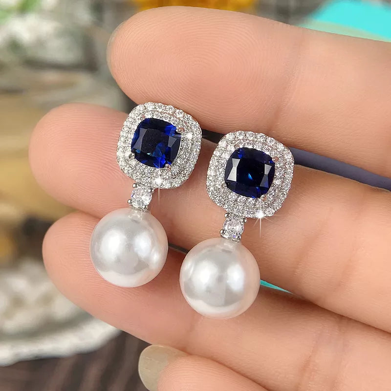 Earrings Women Gorgeous Blue Cubic Zirconia Imitation Pearl for Engagement Wedding Party Temperament Elegant Ear Jewelry