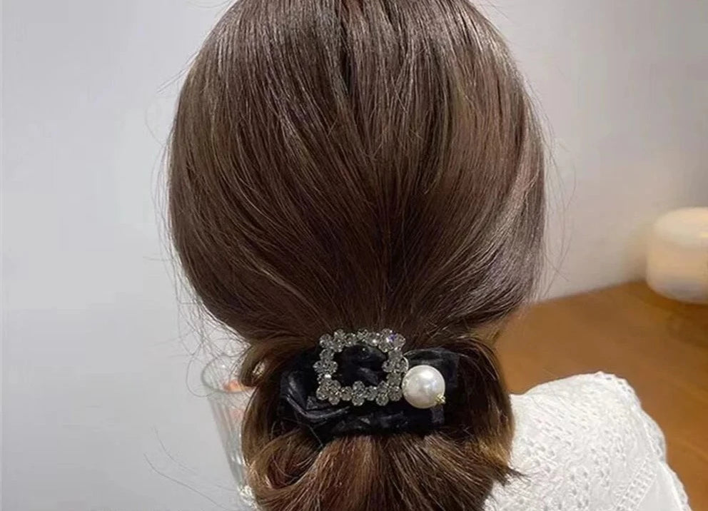 Hair Ties For Women Girls Elegant Organza Large Elastic Glitter Rhinestone Pearl  Ponytail Holder