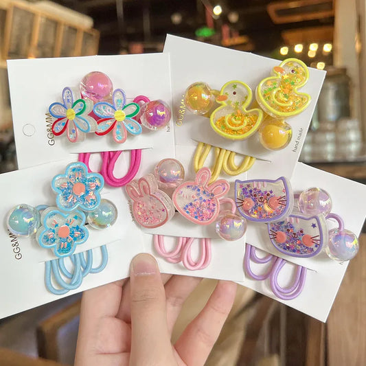 Hair Band Girl Kids 2PCS Set Colored Cute Cartoon Figures Quicksand Sparkling Elastic Fancy Rubber Ties