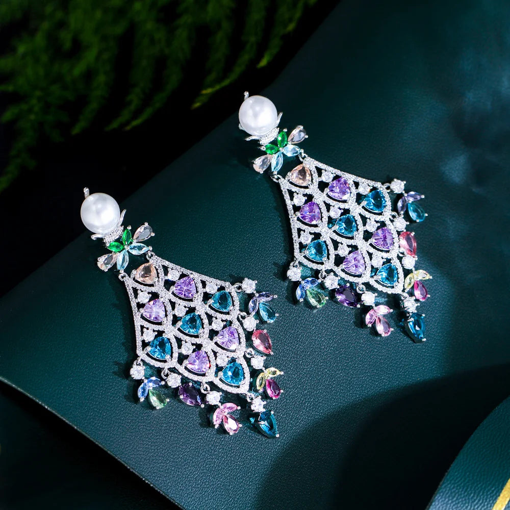 Earrings for Women Luxury Cubic Zirconia Pave Multicolor Large Long Chandelier Drop Dangle Bridal Party Gift Wedding Jewelry