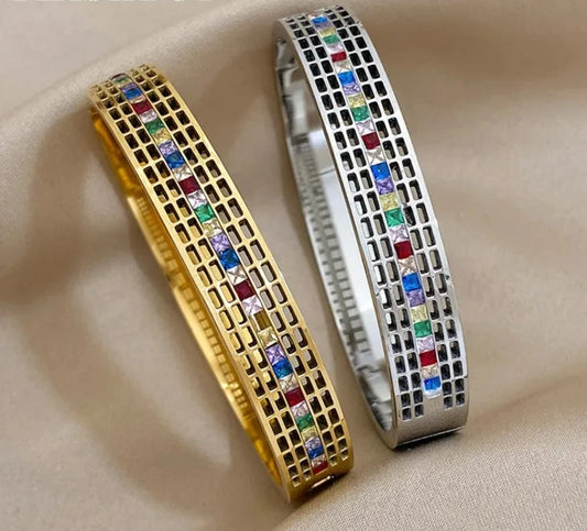 Bangles Bracelets for Women New Trend Hollow Wide Stainless Steel Zircon Gold Color Waterproof Jewelry