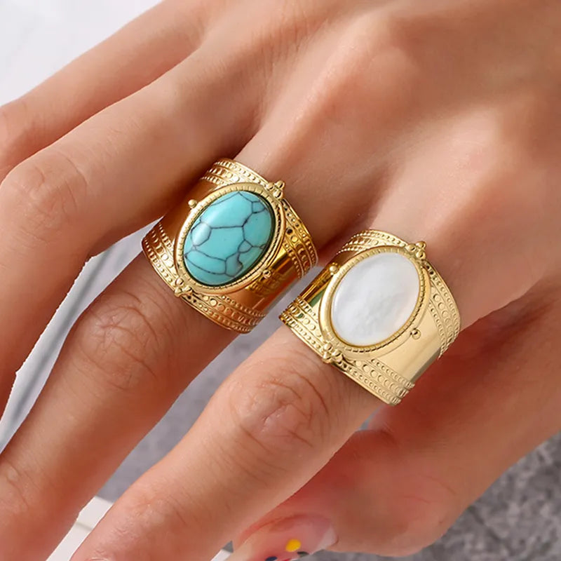 Rings for Women Luxury Turquoise Natural Stone Open 14K Gold Plated Stainless Steel Female Jewelry Party Gifts