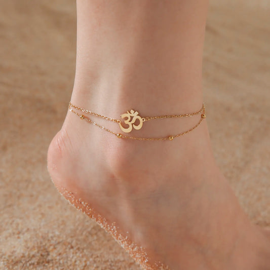 Anklets Women Stainless Steel Amulet Buddhism Yoga OM Double Layer Beads Chain