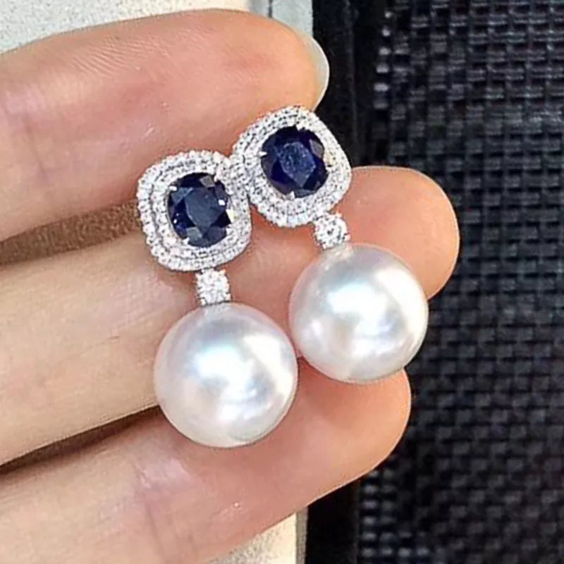 Earrings Women Gorgeous Blue Cubic Zirconia Imitation Pearl for Engagement Wedding Party Temperament Elegant Ear Jewelry