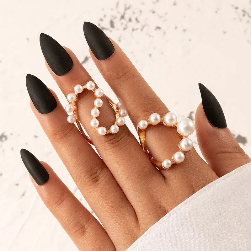 Rings for Women Girls Big Imitation Pearls Gold Color Metal Hollow Exaggeration Design Finger Rings Party Gift