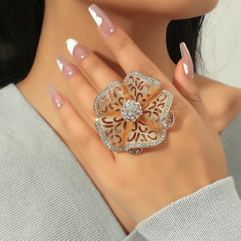 Rings For Women Luxury Big Flower Zircon Hollow Gold Color Adjustable Ring Indian Classic Jewelry