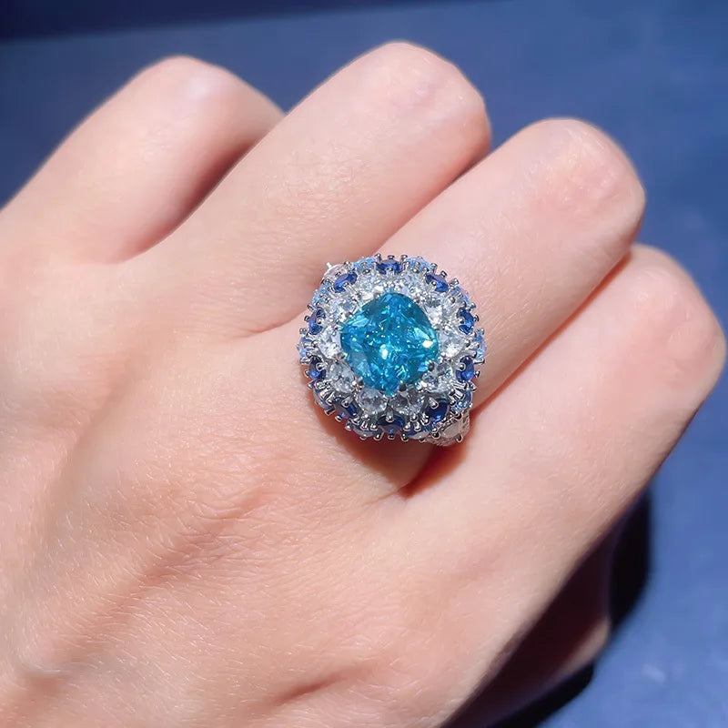 Rings Women Resizable Silver Color Lab Sapphire Exquisite Sea Blue Zircon