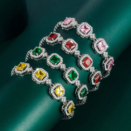 Bracelet for Women  Elegant Ruby Emerald Pink Yellow Color Stones Link Chain Bracelet Gift Jewelry