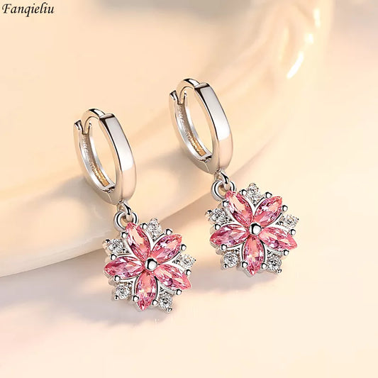 Earrings S925 Silver Needle Princess Crystal Flower Drop Earrings For Women Vintage Jewelry