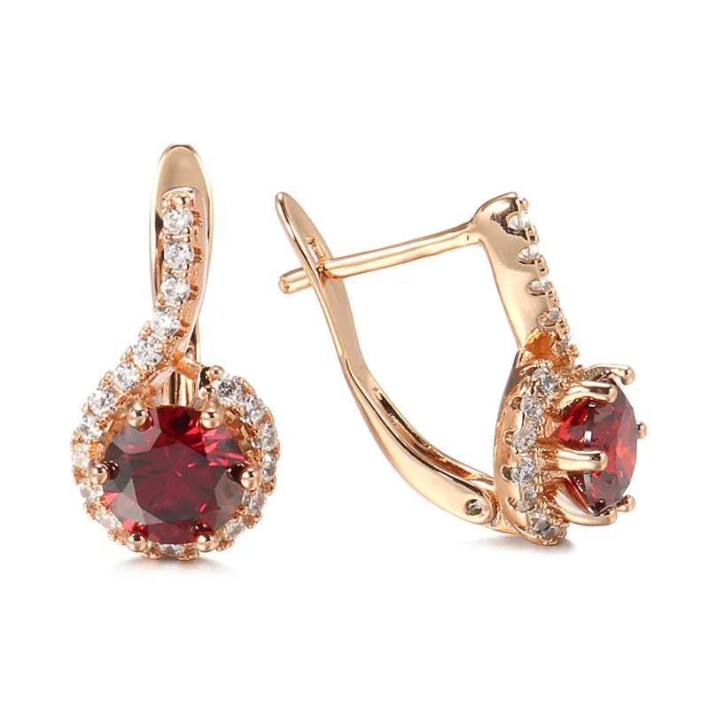 Earrings for Women Trendy Studs 585 Rose Gold Color English  Round Red Natural Zircon Accessories Bride Wedding Jewelry Gift