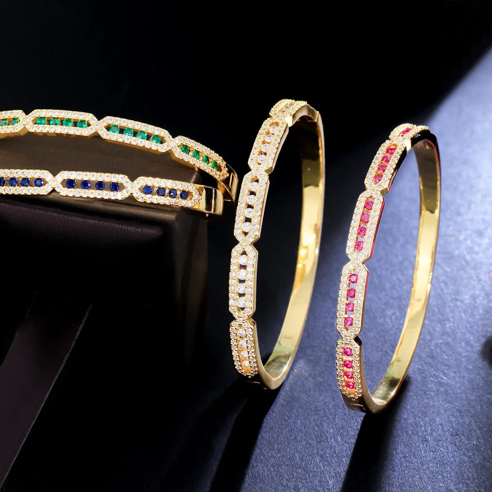 Bangles for Women Beautiful Trendy Blue Green Cubic Zirconia Paved Gold Color Round Wedding Bridal Jewelry