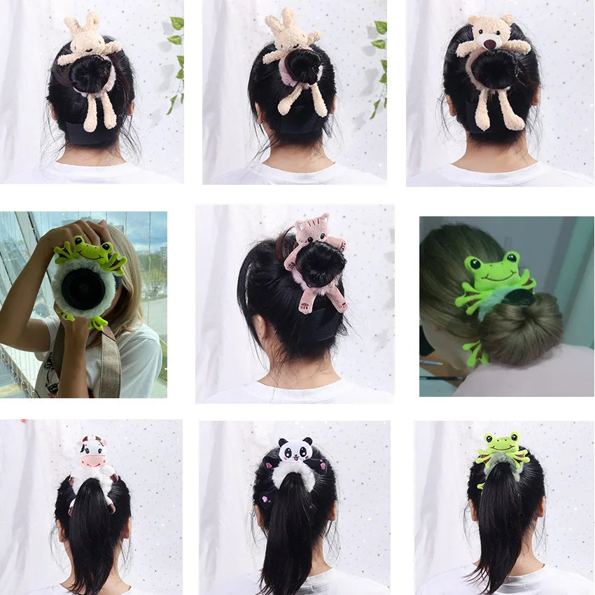 Hair Bands Girls 1PC Cute Cartoon Hair Scrunchies Panda Cows Cat Rabbit Plush Elastic Sweet Ponytail Hair Ring