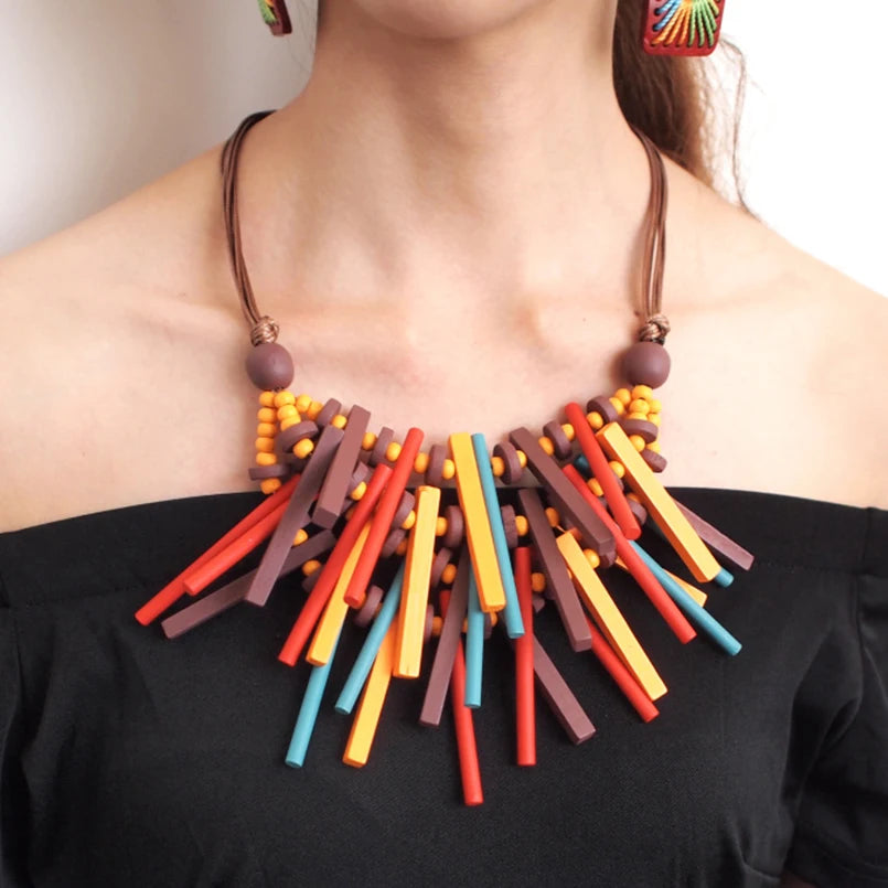 Necklaces For Women Boho Multicolor Long Wooden Beads Pendant Statement Handmade Ethnic Jewelry