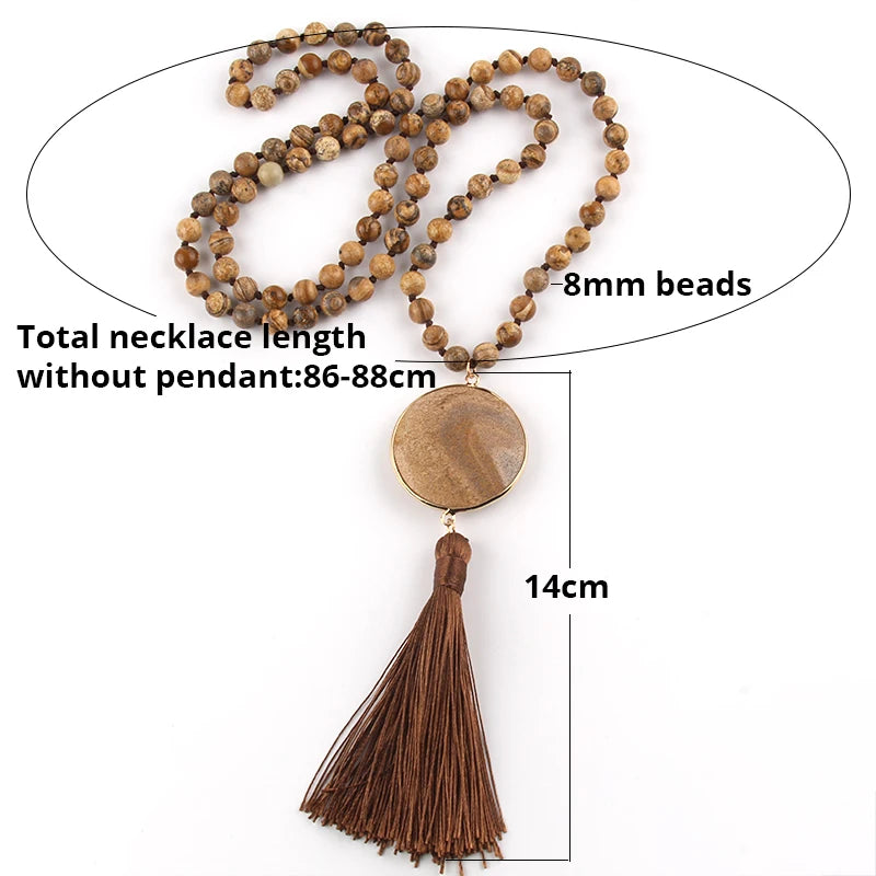 Necklaces For Women Ethnic Fashion Bohemian Style Semi Precious Stones Long Knotted Matching Stone Pendant Necklace