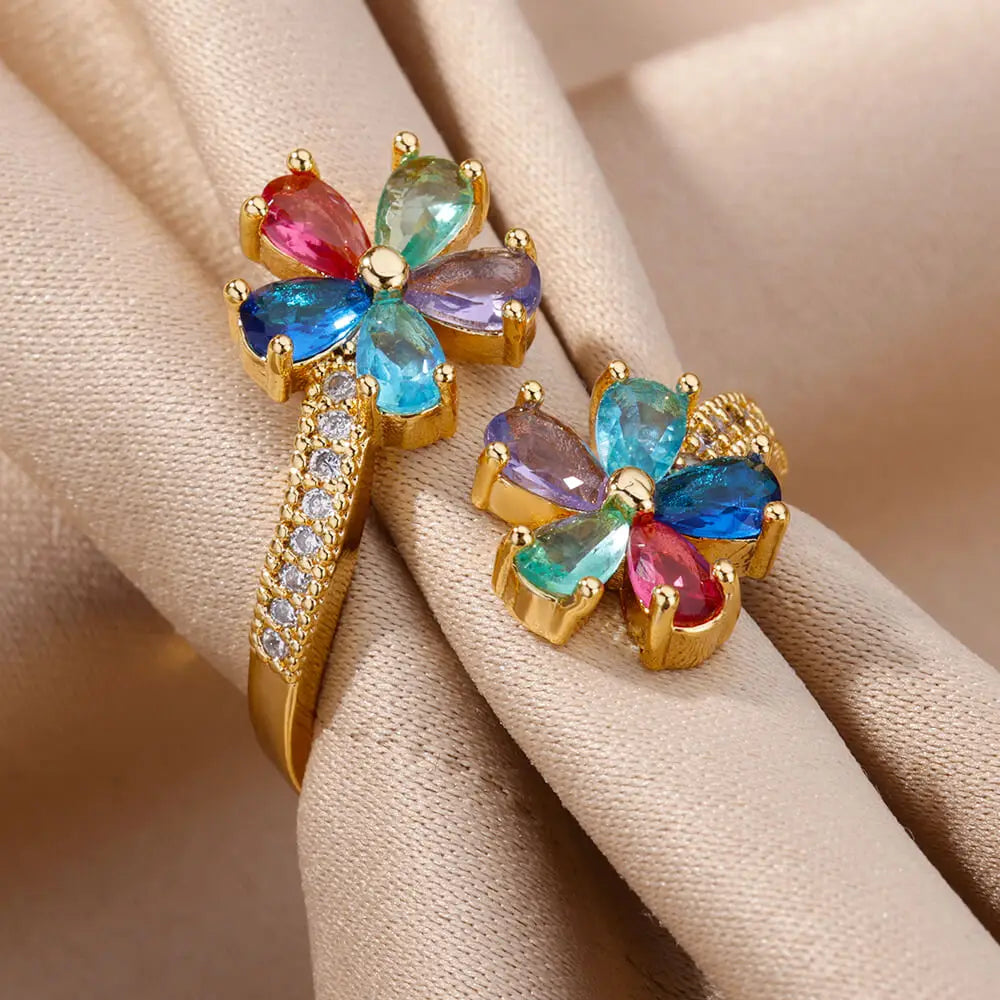 Rings For Women Resizable Colored Zircon Double Flower Gold Plated Stainless Steel Flower Opening Wedding Jewelry Gift