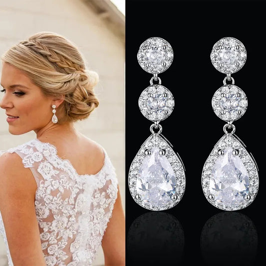 Earrings Zircon Wedding Long Dangle with Round Water Drop for Women