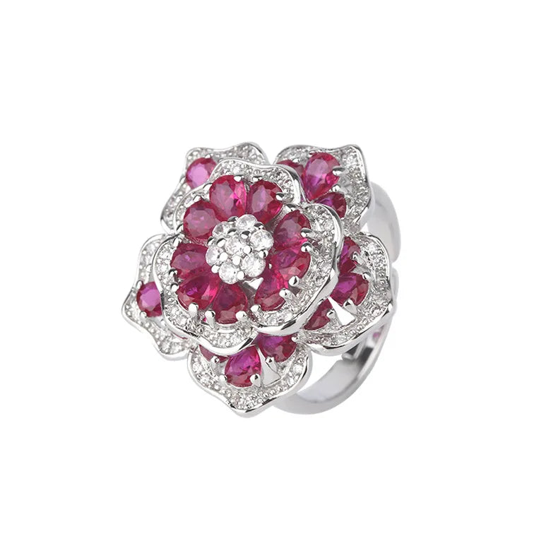 Rings For Women Resizable Luxury Vintage Exquisite Silver Flower Lab Emerald Ruby Gemstone Open Ring Wedding Bridal Jewelry