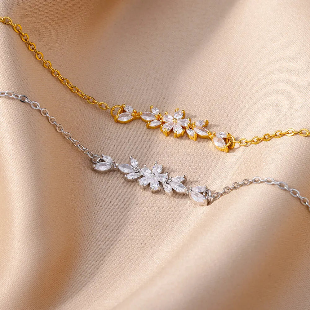 Anklets & Bracelets For Women Girls Elegant Zircon Flowers Charm Gold Color Stainless Steel Luxury Designer Jewelry Gifts