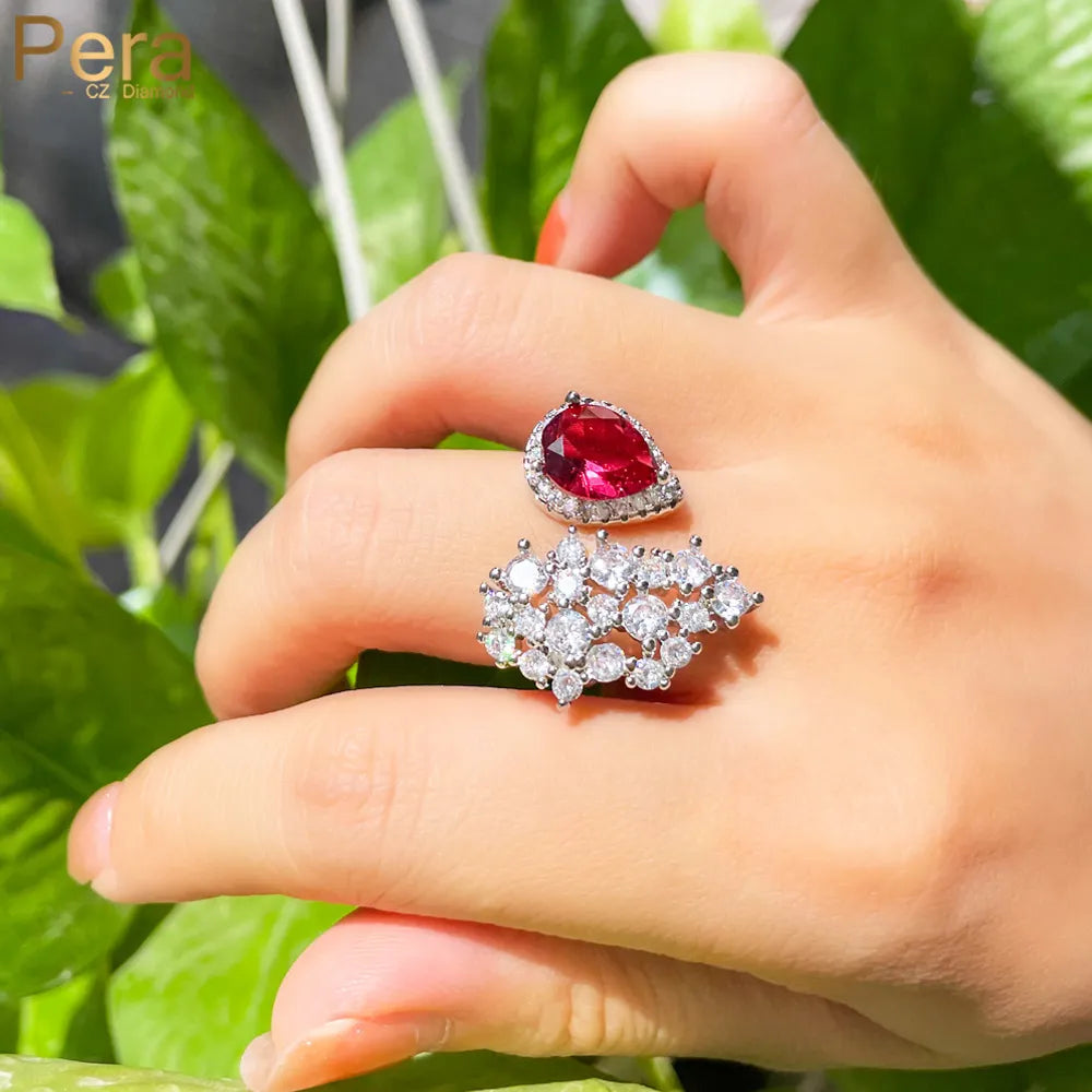 Ringer Adjustable size High-end Rose Red Water Drop Crystal Big Designer Jewelry