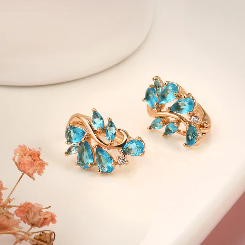 Earring Studs For Women Bright Blue Zircon 585 Rose Gold Curve Symmetrical Buckle Unique Party Jewelry