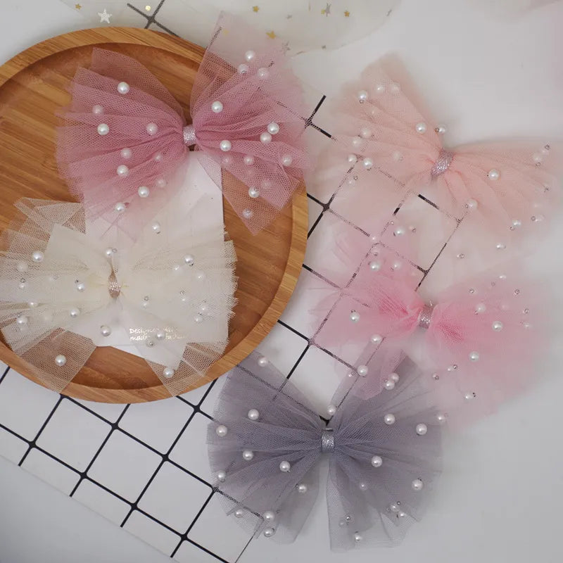 Hair Bow Clips Imitation Pearl Yarn Bow Duckbill Clip Girls