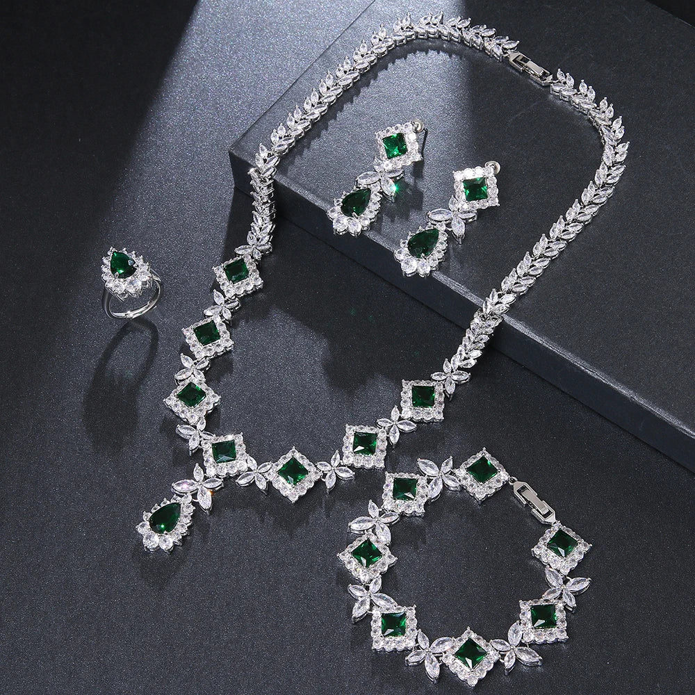 Necklace 4 pcs For Women Zircons Luxury Big Green CZ  Wedding Bridal Party Jewelry Sets