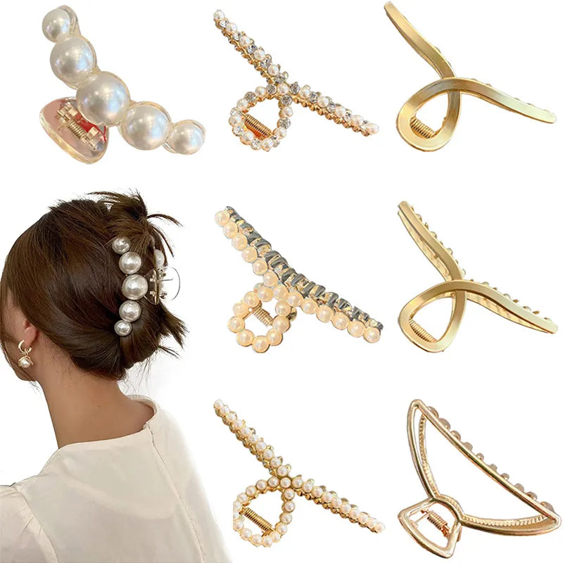 Hair Claw Clips For Women Large Pearl Gold Metal Geometric Clamps Party Hair Accessories