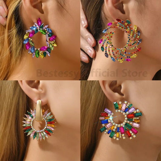 Earrings For Women Colorful Series Shiny Rhinestone Big Studs Trend Luxury Round Fashion Jewelry Girl Party Accessories