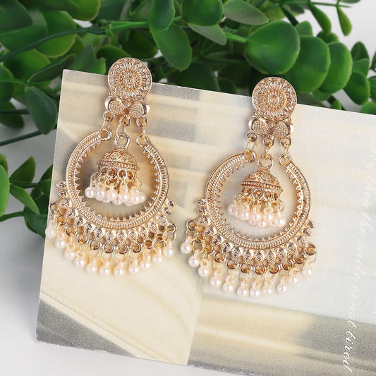 Earrings Women Classic Ethnic Vintage Gold Color Round Flower Bells Pearl Tassel Dangle Jhumka Indian Jewelry