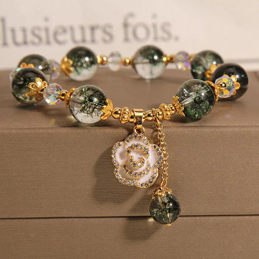 Bracelet Women's Fashion Green Crystal Rose Pendant Beaded Charm Bracelet  Birthday Party Jewelry Gift