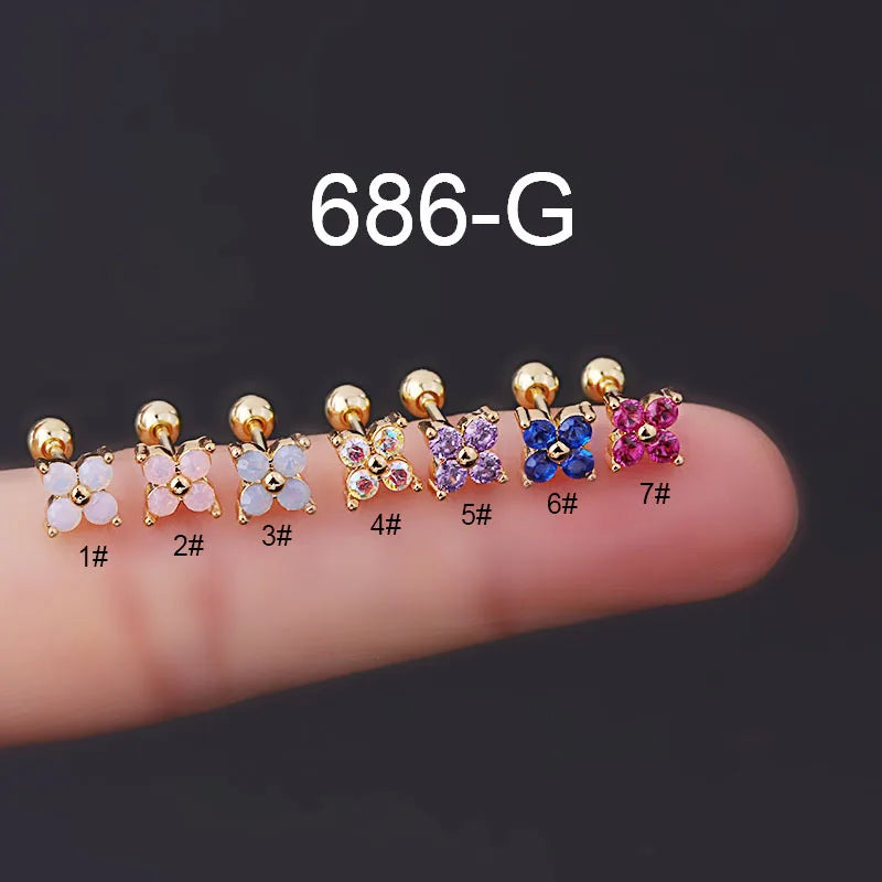 Earring Studs Women Girls New 1Piece Mini Color Zircon Flower Ear Cuffs 0.8mm Stainless Steel Piercing  Jewelry