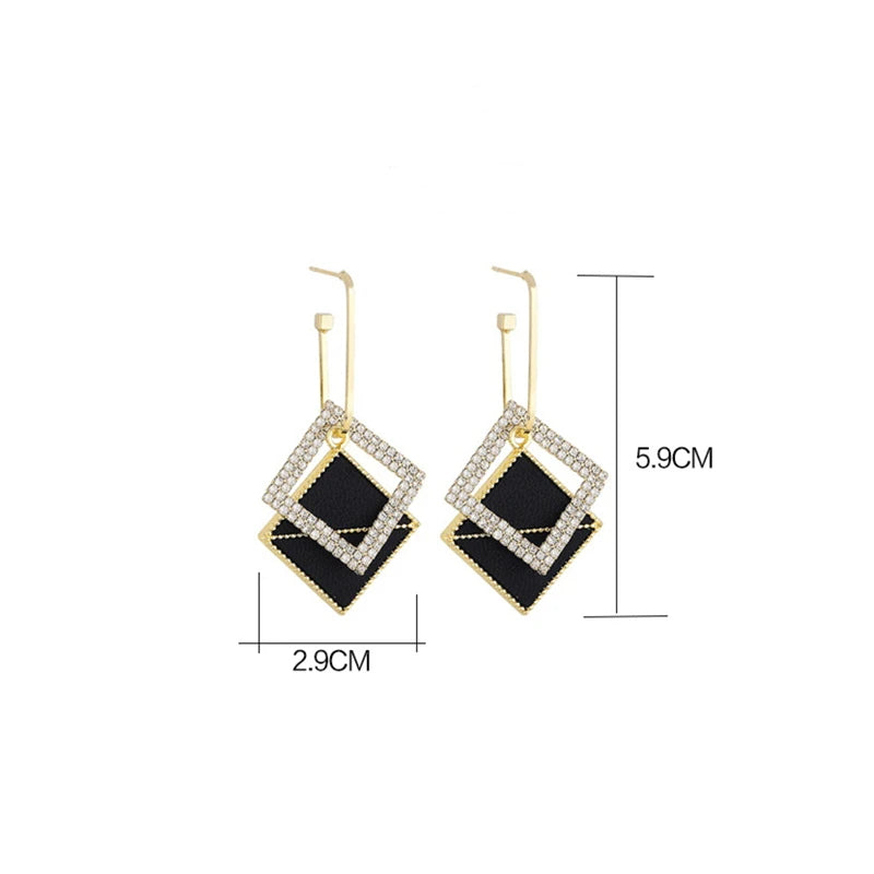 Earrings for Women Luxury Black Color Geometric Hoop Double Square Statement Rhinestone Jewelry