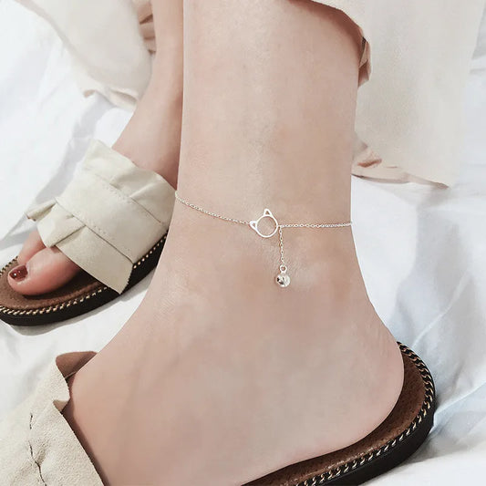 Anklet Stainless Steel Silver Color Foot Jewelry Simple Bell And Cat Bracelet for Ankle