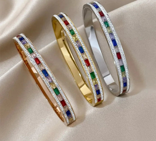 Bangles Bracelets for Women New Chic Multicolor Rhinestone Zircon Stainless Steel Gold Color Waterproof Jewelry