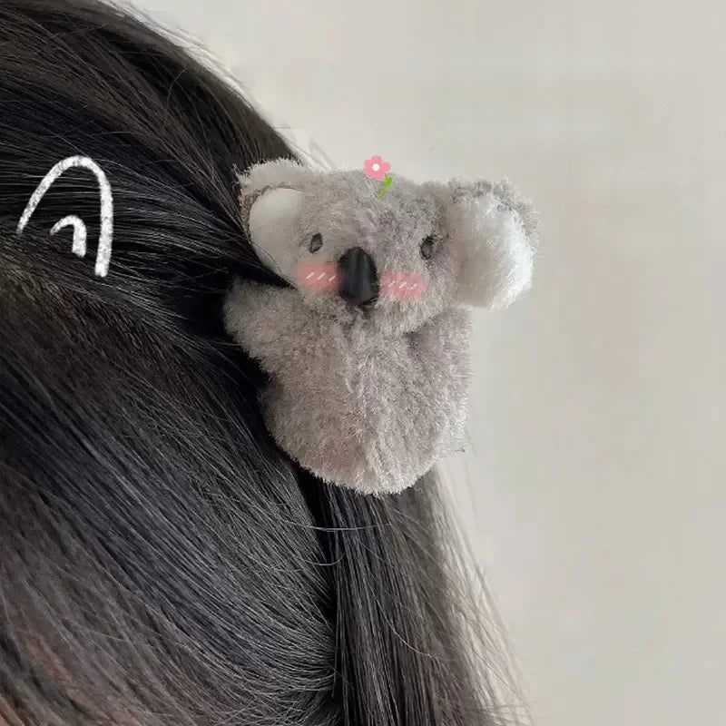 Hair Clips Women Girls Cute Plush Animal Claw Clips Koala Bear Ponytail Headwear Accessories