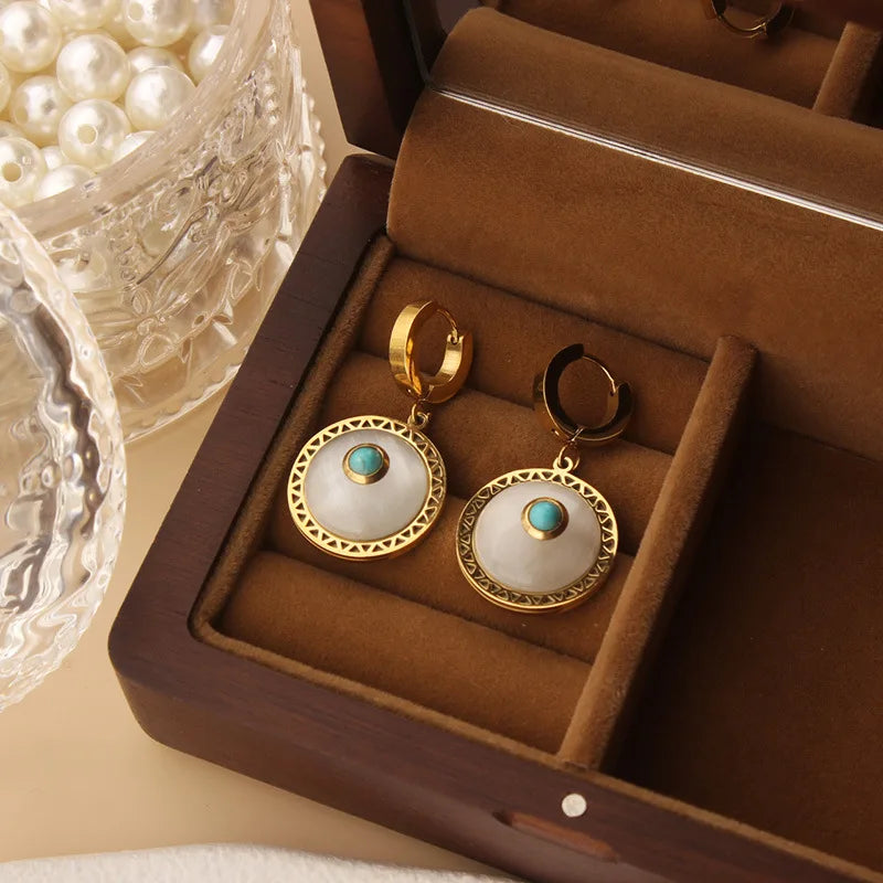 Earrings Women Ethnic Style Fashion Natural Turquoise Round Hoop Jewelry Accessories