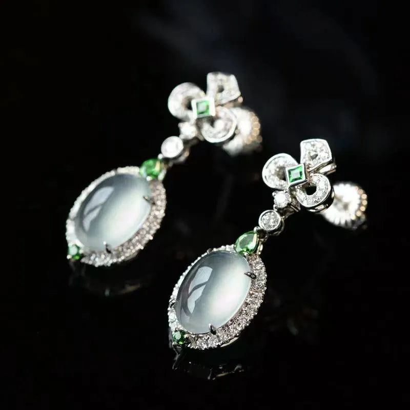 Earring Drops for Women Natural Chalcedony Ice Seed Egg Face with Diamonds Palace Style