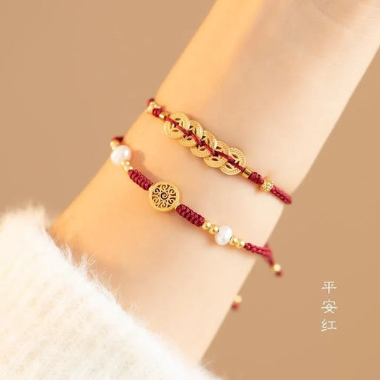 Bracelet Women New Good Luck Bracelet 2023 Animal Year Transfer Pearl Red Hand Rope Woven Hand string